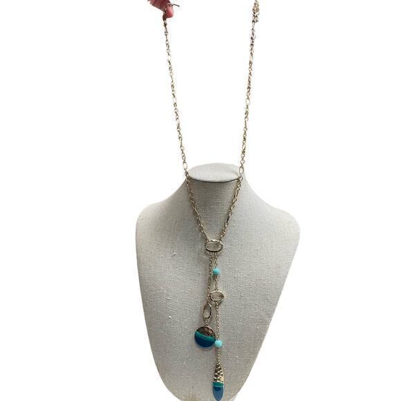 NWT Gold Long Chain Necklace, Turquoise & Teal Accents & Beads & Hammered Gold - Picture 4 of 7